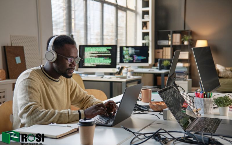 A man in office listening to music and working with focus