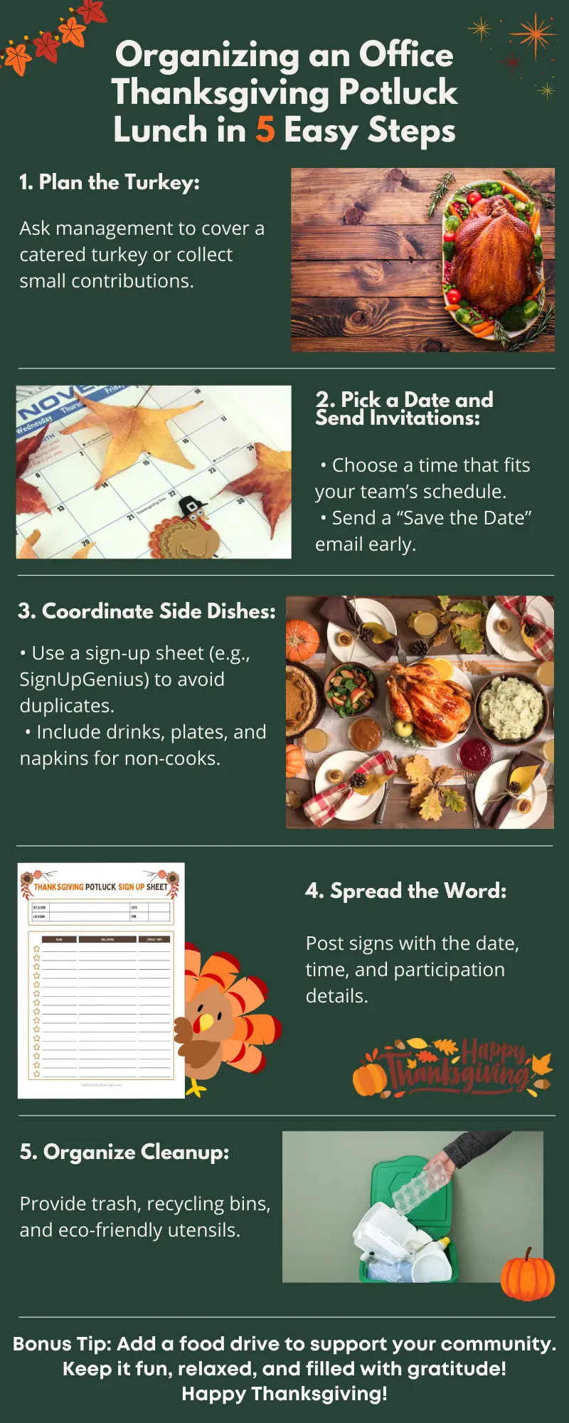 Organizing an Office Thanksgiving Potluck Lunch in 5 Easy Steps Infographic 