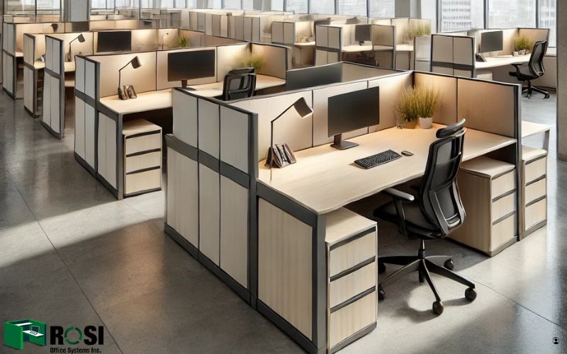 A highly realistic image of remanufactured office cubicles in a modern workspace setting