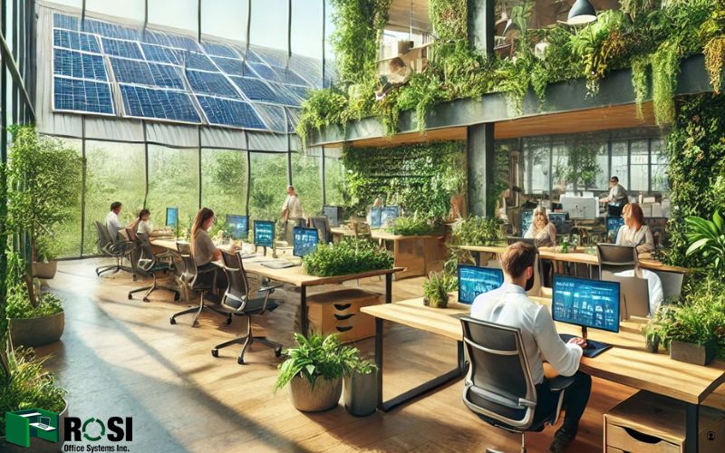 An inspiring image illustrating a modern, eco-friendly office space.