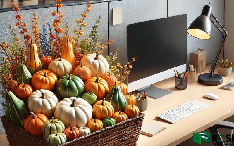 office cubicle or desk with a neatly arranged medium sized basket filled with vibrant miniature pumpkins and squash