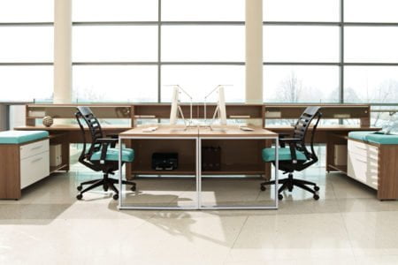 teal blue ergonomic seating and bench desking