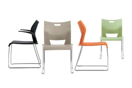 Stacking chairs in orange, beige, black and green