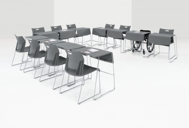 u-shaped training tables set up for classroom