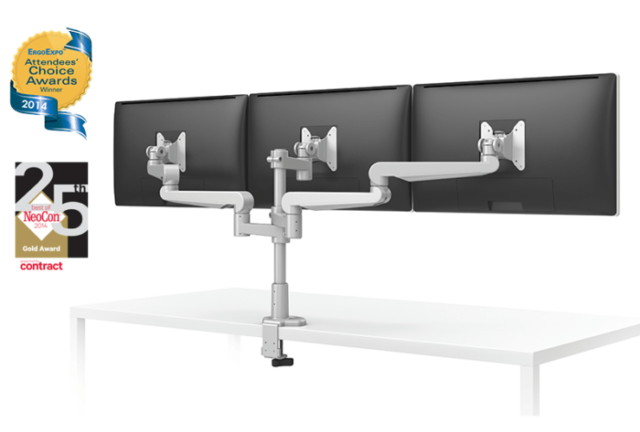 Silver ESI EVOLVE3 triple monitor arm