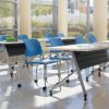 training tables with blue chairs