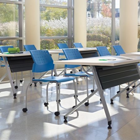 training tables with blue chairs