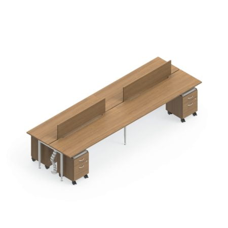 Global Sidebar 4-Person Benching, with modesty panels. It is placed on a white background. Mobile pedestal drawers are placed just underneath each station.