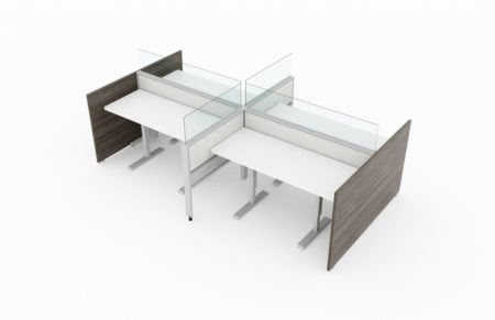 4-Person workstation, with Acajou end pnels, and with glasstop front and side dividers. It is rendered on a white background. Model is EPB504.