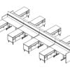 Technical drawing of EPB , configured in a double run for 8 people.. Each station is L shaped, with a wide credenza to the side.