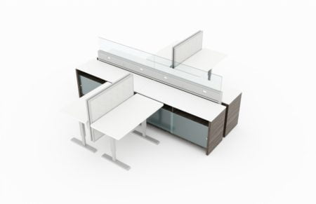 #-Person pair of L-shaped workstations, with clear doored supply storage below. Frameless glass pieces make up the top of the partition. It is rendered on a white background. Model is EPB529.