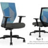 Composite image of a Run II high-back chair, front and back. It has a dark grey seat cushion seat, adjustable arms, and a blue patchwork mesh back.