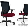 Composite image of a Run II high-back chair, front and back. It has a red leather cushion seat, adjustable arms, and black mesh back.