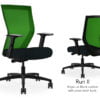 Composite image of a Run II high-back chair, front and back. It has a black cushion seat, adjustable arms, and green mesh back.