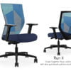 Composite image of a Run II high-back chair, front and back. It has a dark blue cushion seat, adjustable arms, and blue patchwork mesh back.