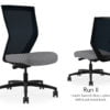 Composite image of a Run II high-back chair, front and back. It has a grey check pattern on the seat cushion, and a black mesh back.