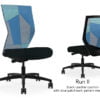 Composite image of a Run II high-back chair, front and back. It has a black leather cushion seat, and a blue patchwork mesh back.