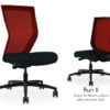 Composite image of a Run II high-back chair, front and back. It has a black cushion seat, and red mesh back.