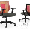 Composite image of a Run II mid-back chair, front and back. It has a dark grey cushion seat, adjustable arms, and orange patchwork mesh back.