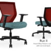 Composite image of a Run II mid-back chair, front and back. It has a blue dotted pattern cushion seat, adjustable arms, and red mesh back.