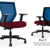 Composite image of a Run II mid-back chair, front and back. It has a red leather cushion seat, adjustable arms, and blue mesh back.