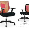 Composite image of a Run II mid-back chair, front and back. It has a black cushion seat, adjustable arms, and orange patchwork back.