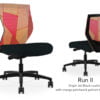 Composite image of a Run II mid-back chair, front and back. It has a black cushion, and orange patchwork mesh back.