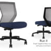 Composite image of a Run II mid-back chair, front and back. It has a dark blue cushion, and grey mesh back.