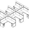 Technical drawing of Global's Evolve EV510 System, configured as a 6 pack of office cubicles. On the outer-sides of this arrangement is a pair of desk drawers.