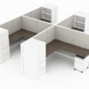 4-Person set of L-shaped workstations, with a tall cabinet at the outer edge. Two shelves face to the user. A rolling pair of drawers is placed opposite. It is rendered on a white background. Model is EV513.