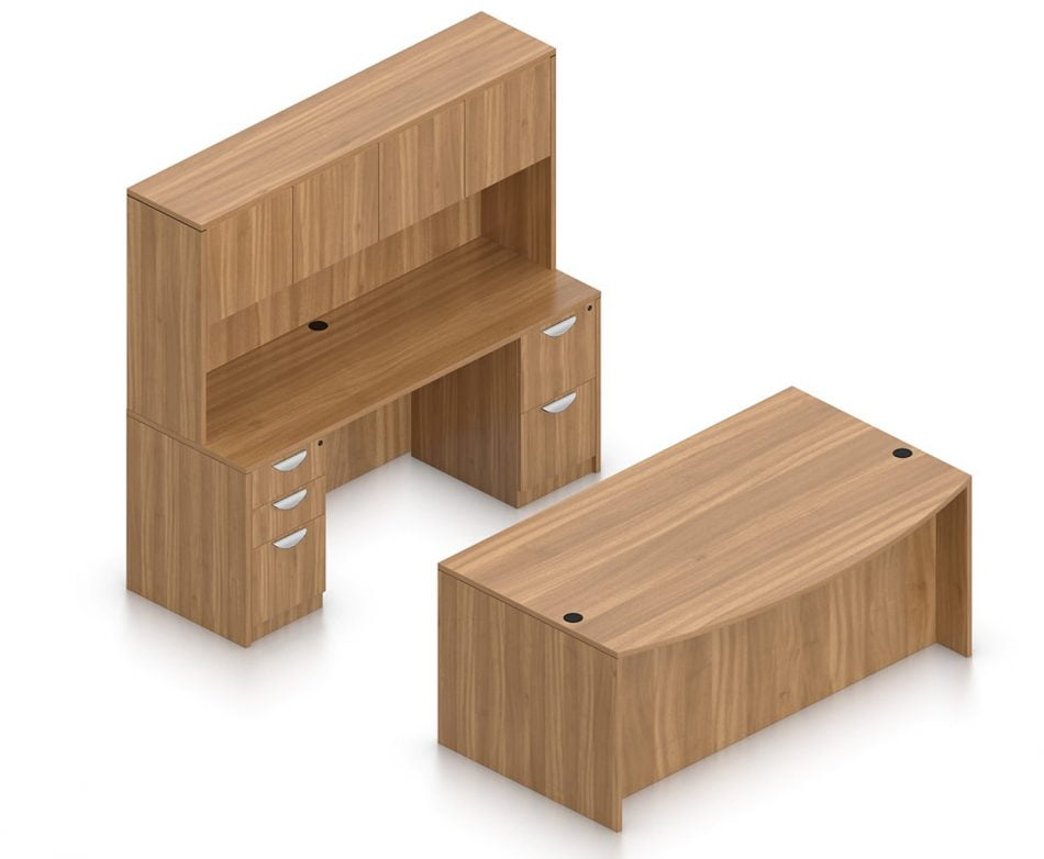 Orthographic view of an Offices to Go set of desking, using Layout I. This set consists of a 71" bowed front style desk and a matching width credenza behind. A three drawer pedestal is attached at the left side of the credenza, and a two drawer pedestal at the right. The hutch above has two double doored cabinet storage areas. This layout is shown with the Autumn Walnut laminate finish.