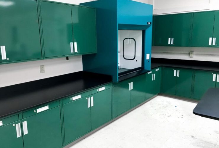 clean laboratory with green and blue finishes and fume hood