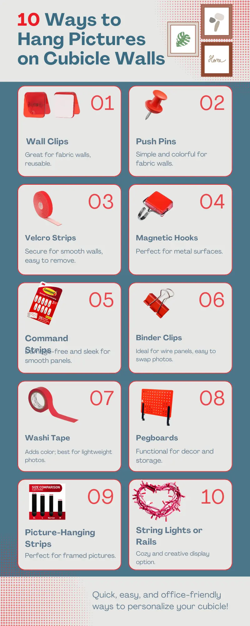 10 Ways to Hang Pictures on Cubicle Walls Infographic