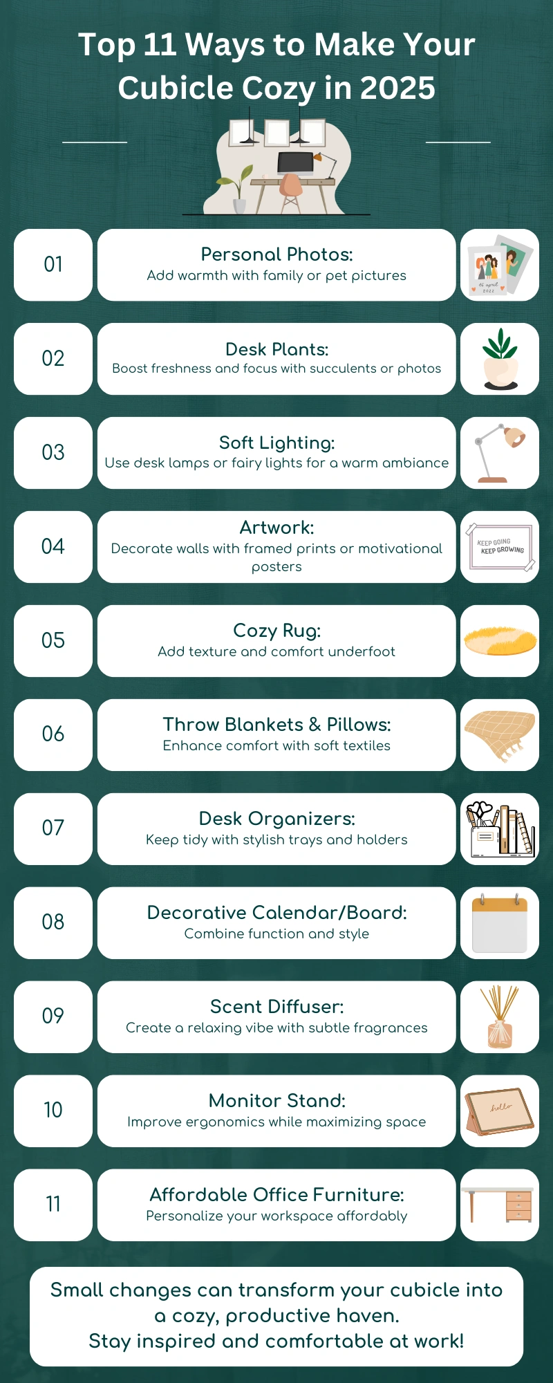 Top 11 Ways to Make Your Cubicle Cozy in 2025 Infographic