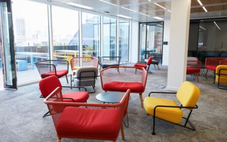 A Breakroom with colorful chairs