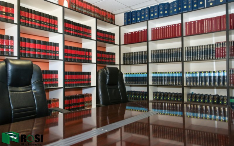 A law office full of books and with chairs and table